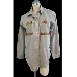 3/$25 Las Olas Size S Black Pinstripe Button Up Shirt Ladybugs